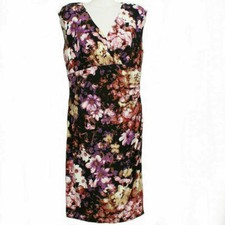RALPH LAUREN Black Purple Stretch Jersey Faux Wrap Surplice Floral Dress 14W