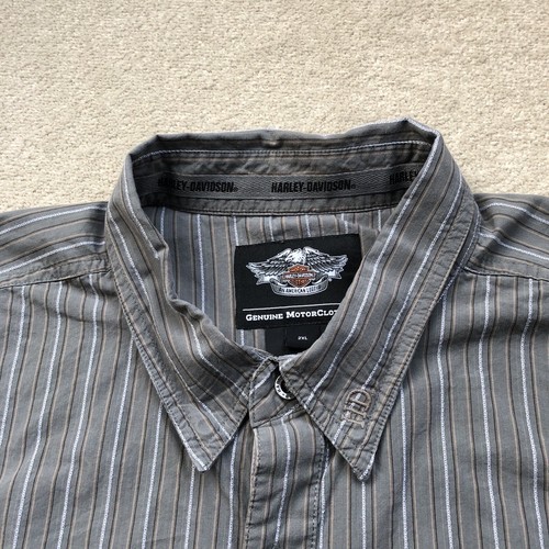 Harley Davidson Vintage Mens Cotton Striped Embroidered Logo Shirt Grey Size 2XL - Picture 3 of 17