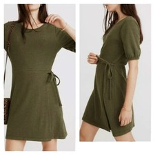 NWT Madewell Palm Tree Crosshatch Puff-Sleeve Faux-Wrap Dress Green MEDIUM
