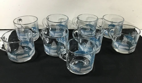 Christmas, Anchor Hocking winter scene mugs, lot of 9, vintage