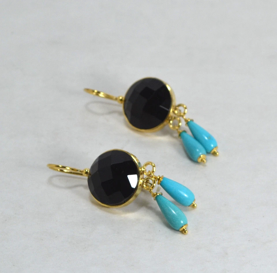 ORECCHINI ARGENTO 925 DORATO TONDO ONICE  PENDOLI TURCHESE NATURALE    AGHT 0926 - Immagine 2 di 3