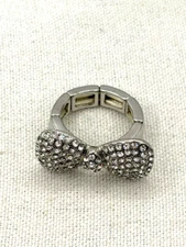 Crystal Rhinestone Bowtie Adjustable Stretch Band Silver Tone Ring Size 7.5