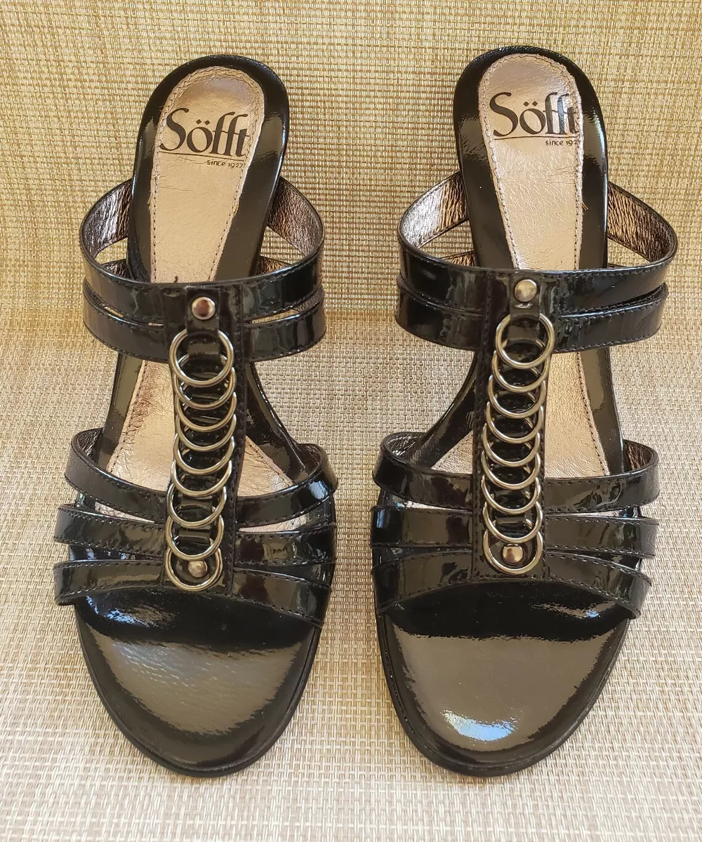 Necesito ven Rango Womens SOFFT Black Metal Rings Strappy Slip On Heeled Sandals Size 6M | eBay