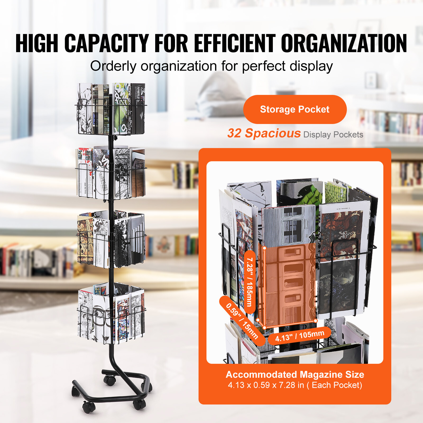 Porte-brochures mobile avec 32 compartiments et base rotative fluide