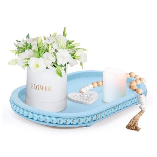 HPC Decor 15in Light Blue Wooden Oval Tray for Stylish Home Decor