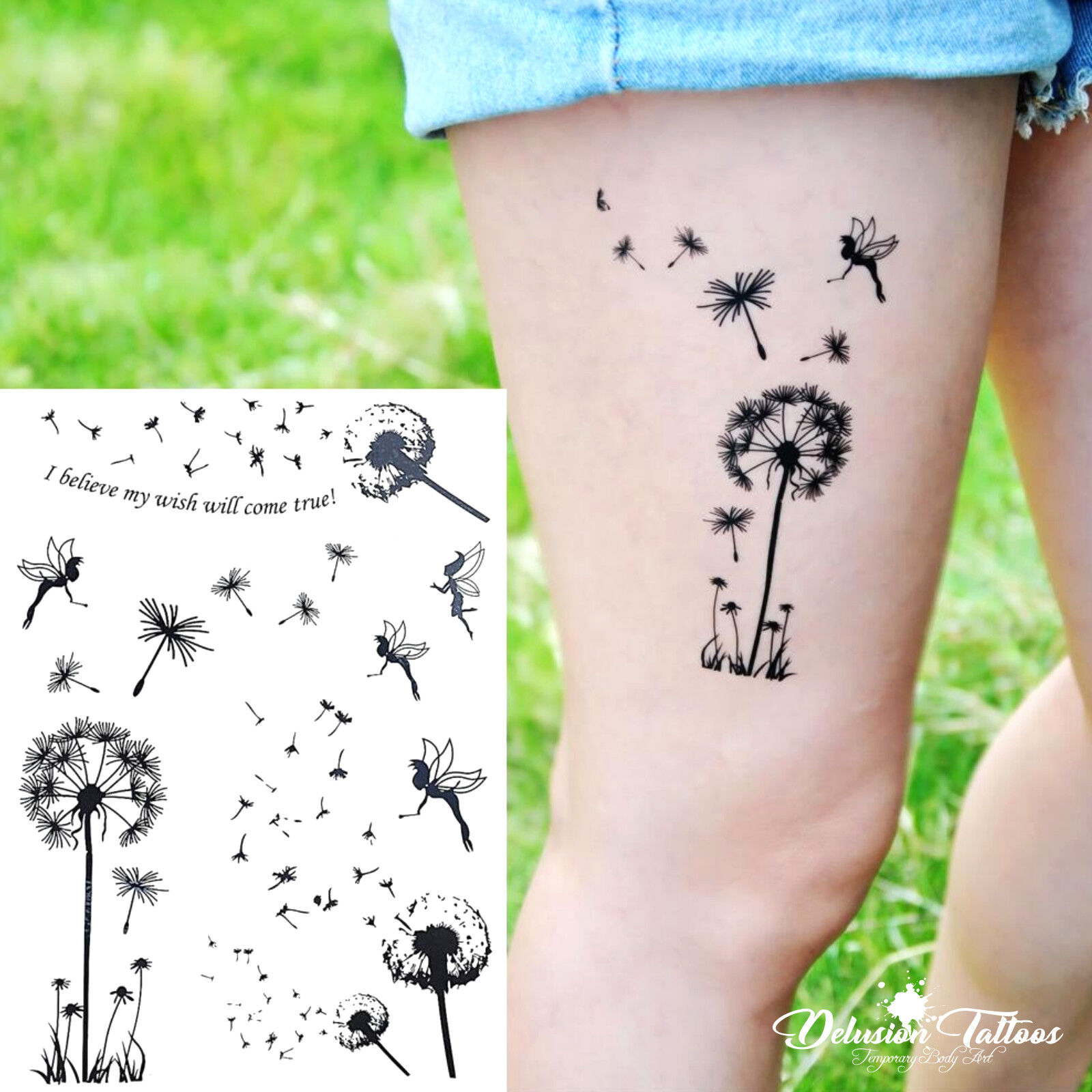 Dandelion Temporary Tattoos - Fairy Tinker Bell Wish Quote Black Womens  Kids | eBay