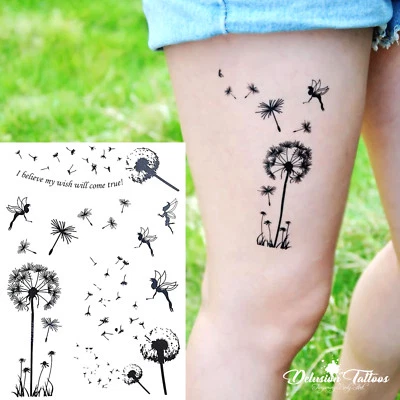DELUSION TATTOOS Dandelion Temporary Tattoos - Fairy Tinker Bell Wish Quote Black Womens Kids