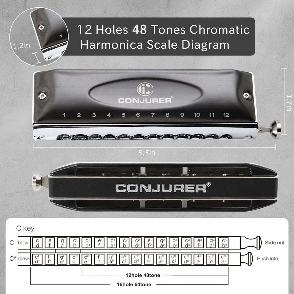 12 Hole Chromatic Harmonica C Key Mouth Organ Professional Harmonica with Case - Image 4 of 4