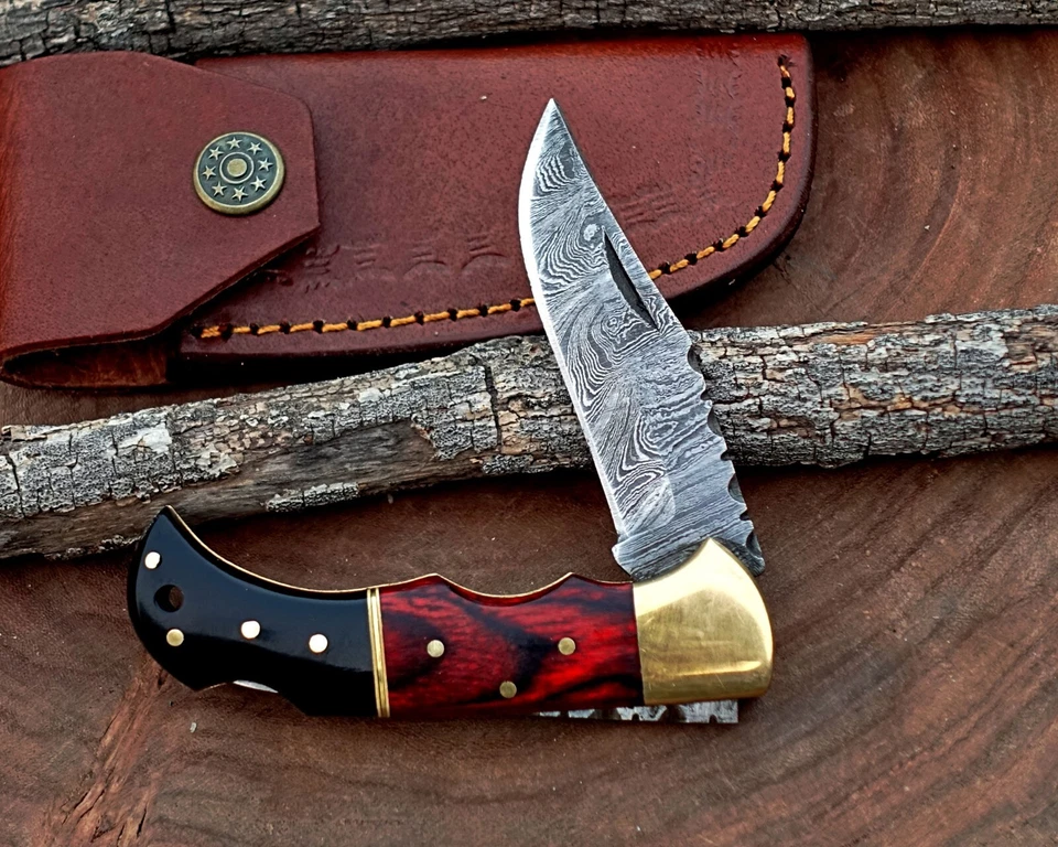 Damascus handmade Back Lock Folding Pocket knife camping Hunting Knife wid Pouch - Image 4 of 4