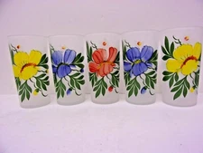 Set of Five Frosted Tumblers Hand Painted Flower Floral Design