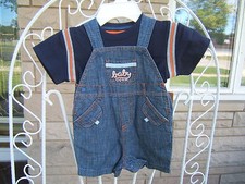 CARTERS SHORTALL DENIM BIB OVERALLS 9 MO NAVY ORANGE SHIRT SHORTS 2 PC. SET LOT