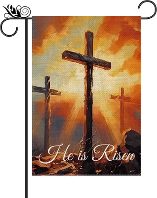 Easter Garden Flag He Is Risen Religious Cross Christian Burlap Double Sided Ver