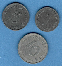 1940-41 Germany Third Reich Set 3 zinc coins: 1, 5 10 Reichspfennig SWASTIKA 360