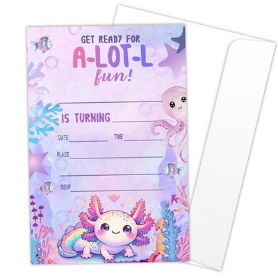 Axolotl Birthday Party Invitation Cards for Kids, 20 Party Invites with Envel...