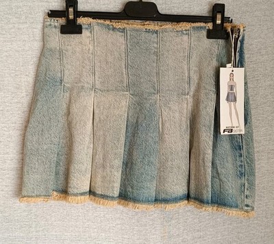 NEW FB Sister Denim Skirt S Light Blue Mini Skirt Pleated Skirt Fringe Y2K Denim Women
