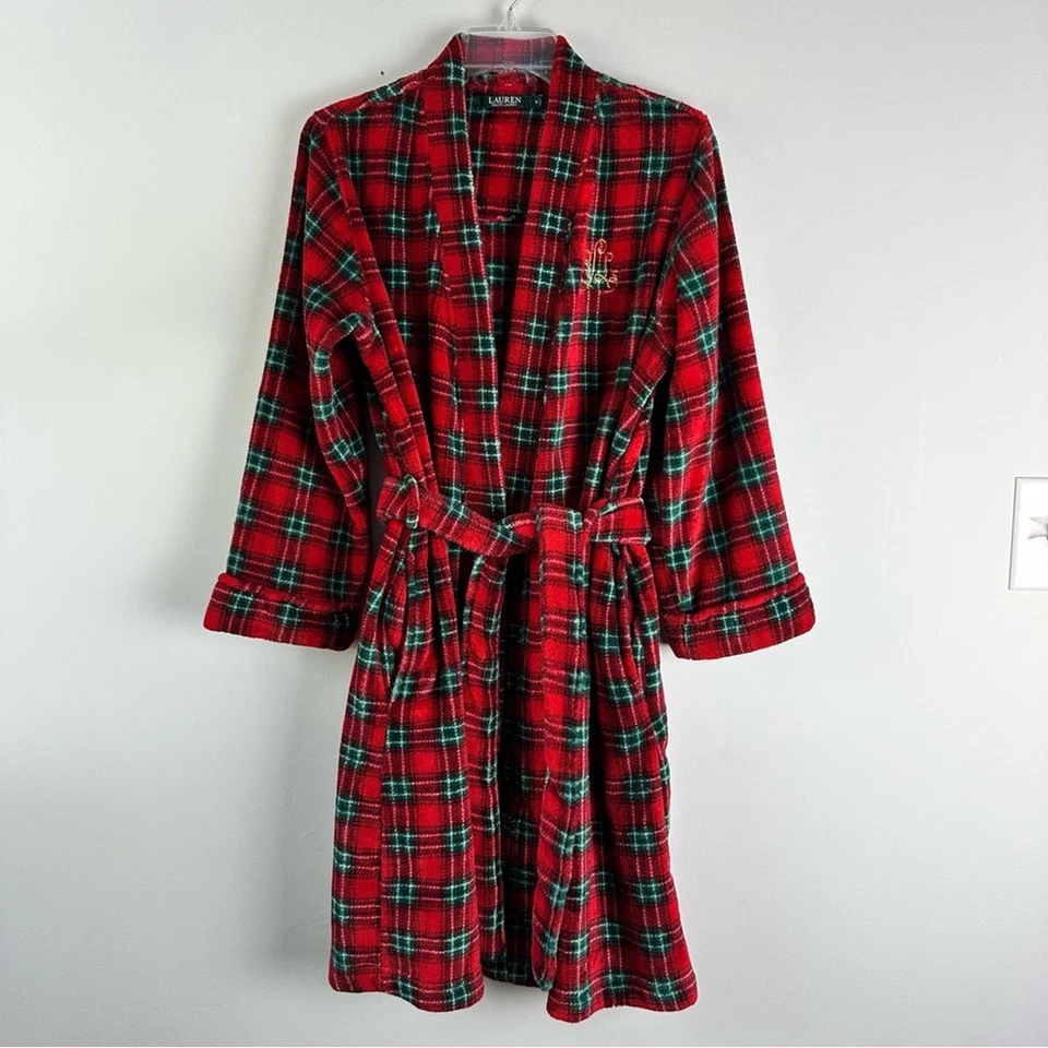 Roupão Lauren Ralph Lauren de pelúcia vermelho e verde xadrez xale colarinho médio - Imagem 3 de 4