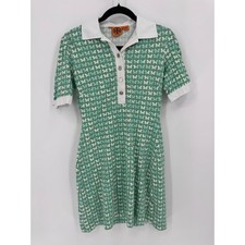 Tory Burch Polo Dress Women Small Green Butterfly Logo Button Stretch Pique