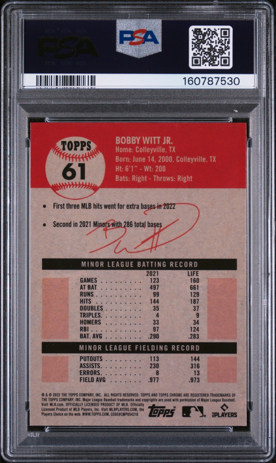 2022 TOPPS CHROME PLATINUM ANNIVERSARY #61 BOBBY WITT JR. ROOKIE RC PSA 9 view 2