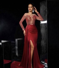 Red Formal Evening Gown Sheer Embellished Bodice High Slit