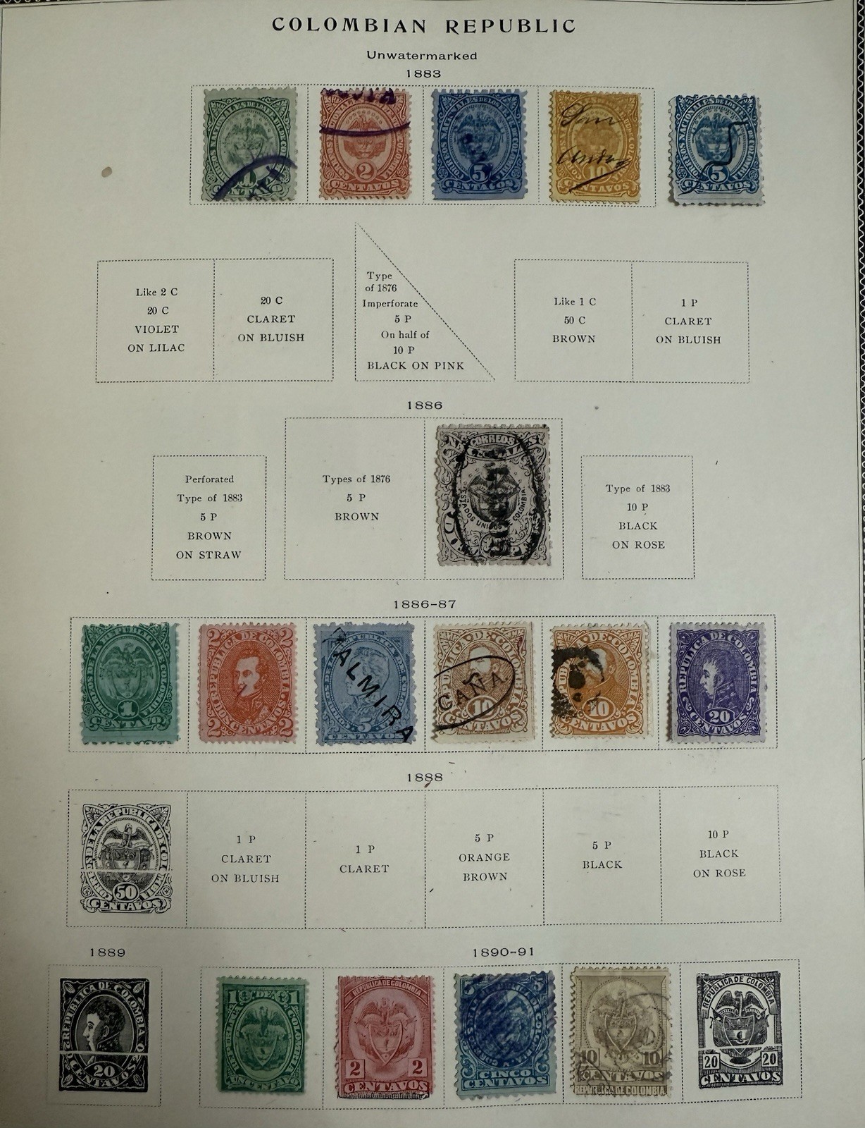 COLUMBIAN REPUBLIC Postage Stamps , 19th Century, 1883-1891 Used 