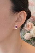 1CT Lab Grown Ruby Oval Cut Stub Earrings 18K White Gold Plated Dainty Earrings