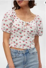 Vero Moda White with Pink Roses Smocked Blouse - XS