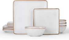 Square Plates and Bowls Sets, 12-Piece Stoneware Dinnerware Sets for 4, Reactive