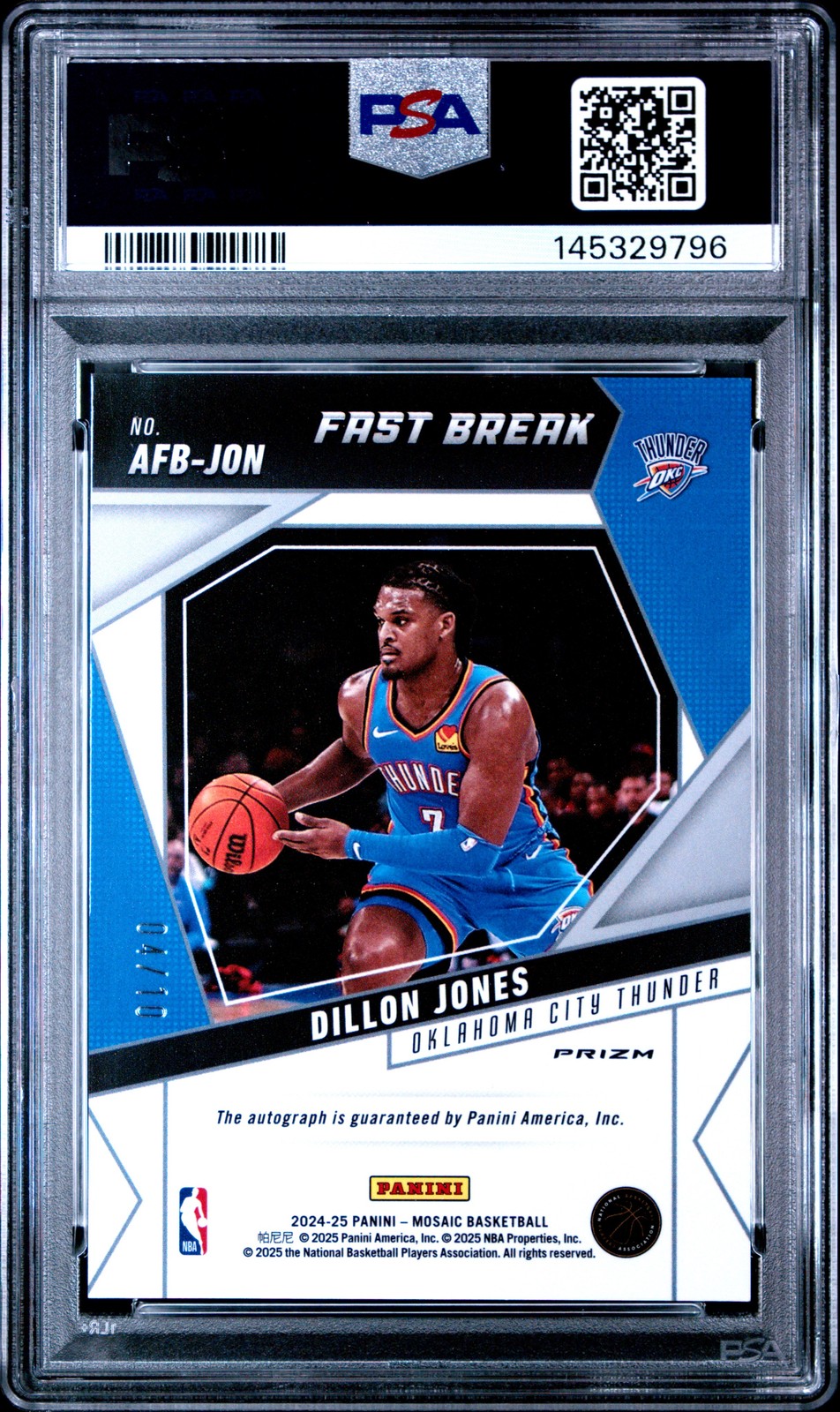 2024 PANINI MOSAIC FAST BREAK AUTO GOLD #AFBJON DILLON JONES ROOKIE 4/10 PSA 10 view 2