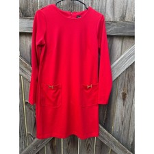 Halston Womens Red Long Sleeve Shift Dress Gold H Hardware Pockets Size 4