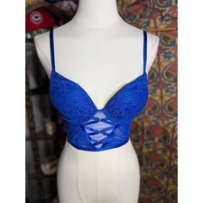 Victorias Secret Blue Lace Longline Plunge Bra Corset Top 32B