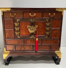 Korean 3 Drawer End Table Chest with Brass Butterfly Hardware Vintage c. 1940's