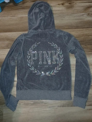 UNDERCOVER Felpa con cappuccio ROSA Victoria's Secret Bling paillettes grigio velluto media full zip