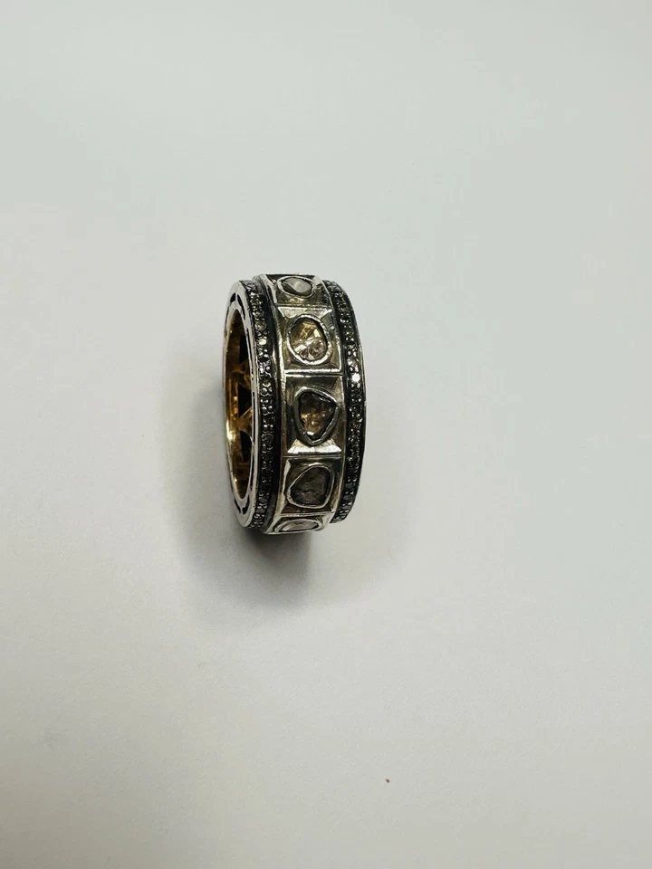 Anillo de oro de ley, plata de ley, corte rosa natural Polki y pavé de diamantes Foto 4 de 4