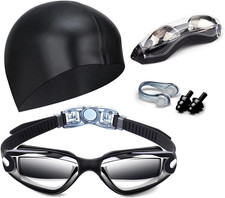 Swim Goggles Swimming Goggles No Leaking with Nose Clip, Earplugs, Swim Cap and