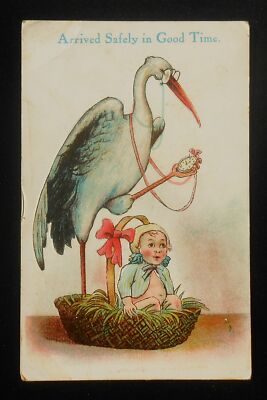 1910s Arrived Safely in Good Time Stork-Delivered Baby Girl Basket Pocket Watch
