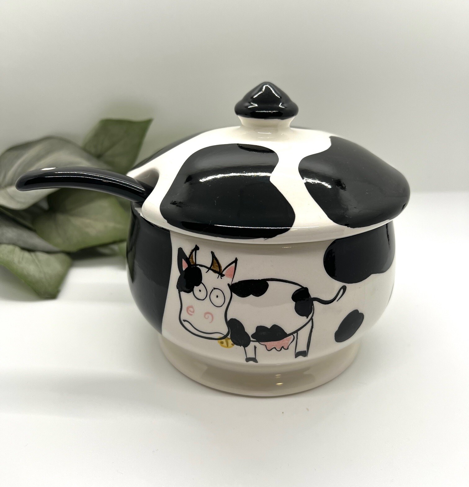 Tabletops Unlimited BREAKFAST FOR 4 Cow Print Sugar Bowl & Spoon