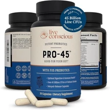 Live Conscious PRO-45 Probiotics 45B CFU, 11 Strains, Prebiotics, 30 Veggie Caps