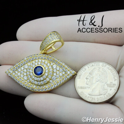MEN WOMEN 925 STERLING SILVER ICY CZ BLUE 3D EVIL EYE GOLD PLATED PENDANT*AG338