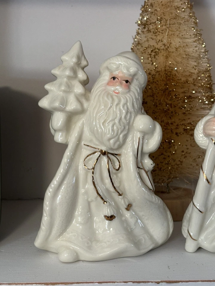 Set of 2 White Porcelain Santa Figures Shelf Sitter Figurines 6" w gold trim - Image 3 of 4