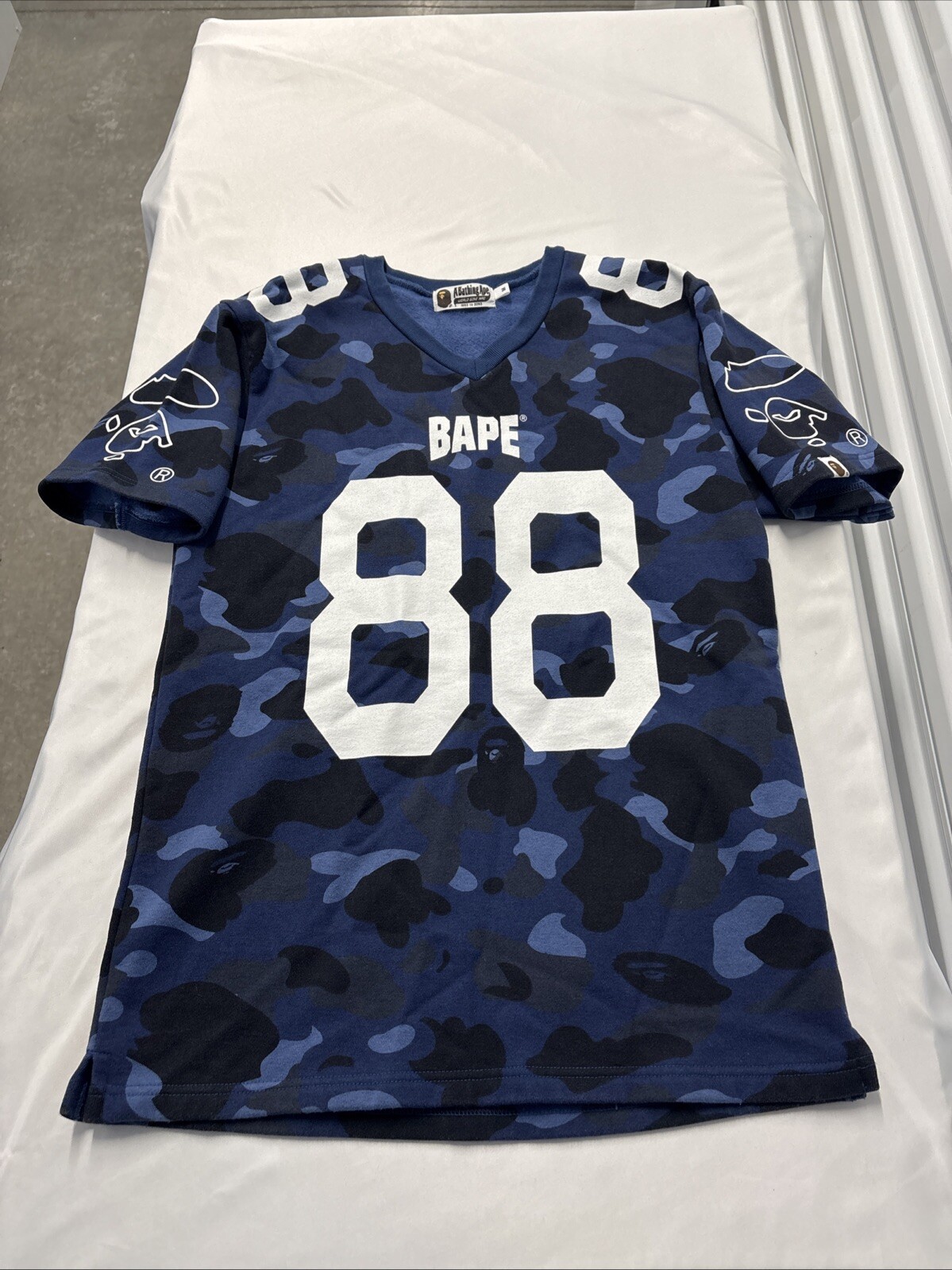 BAPE 88 First Camo V-Neck Heavy Cotton Shirt in M Blue Camouflage