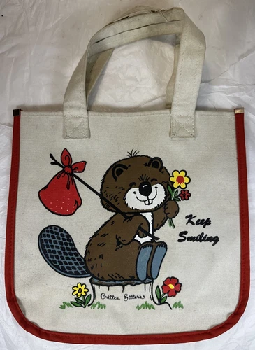 VTG Mead Critter Sitters Animals Characters Canvas Tote Book Bag Purse Beaver