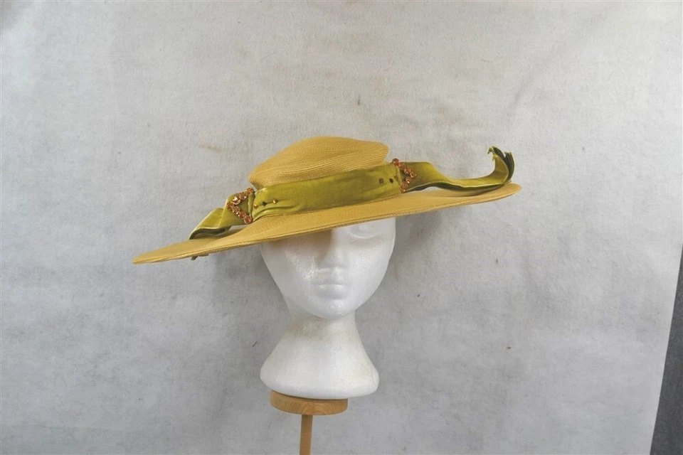 antique hat straw wide brim Edwardian style natural Casper Davis 1890 original - Image 2 of 4