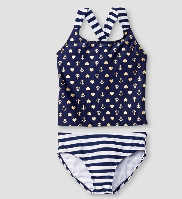 Kids Plus size XXL Plus 18P Swim Girls Cat & Jack 2 Piece sailor blue