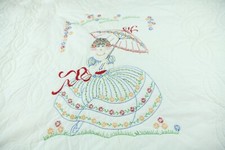 VTG Hand Embroidered Quilt White Lace Ruffle Floral Pictoral Woman 79X88 COTTAGE