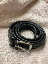Fossil Braided Belt 44 Black Plaited Leather Silver Tone Brass Buckle Vintage