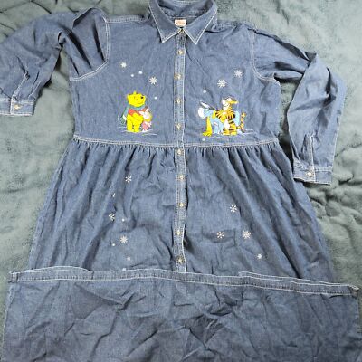 Vintage Disney Denim Dress Womens 3X Blue Winnie The Pooh Snow Christmas  Cute | eBay