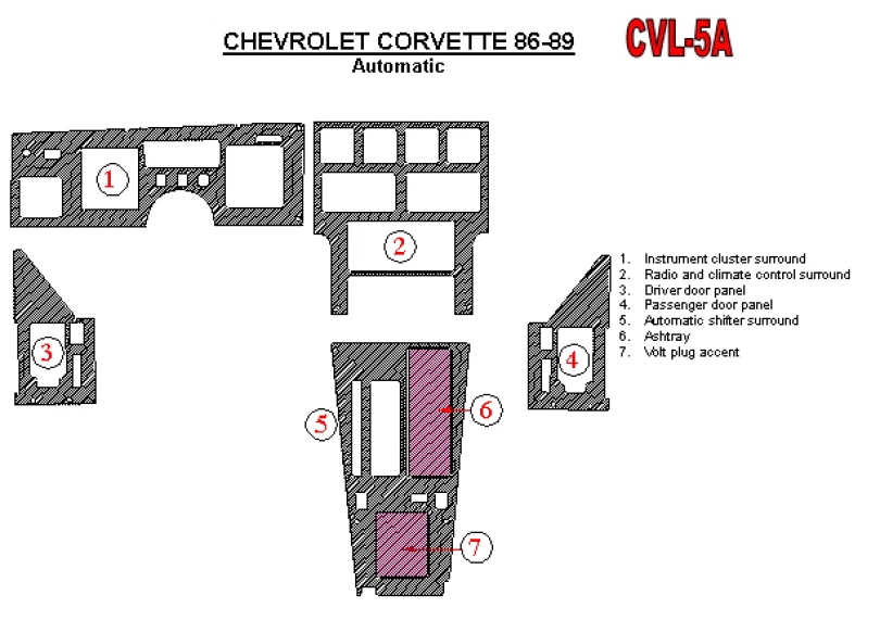 Kit de molduras de tablero Chevrolet Corvette 1986-1989 | Kit completo | Variedad de colores Foto 2 de 4