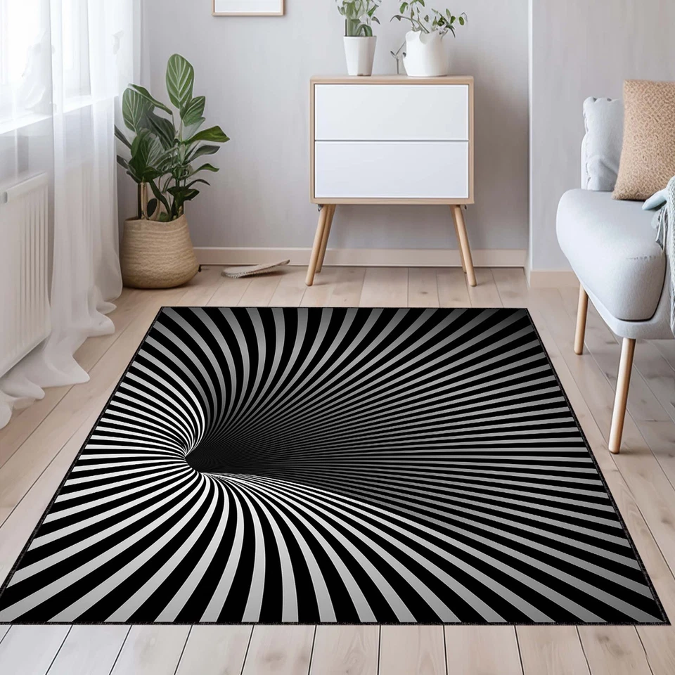 Optical Illusion rug, 3D Vortex Rug, Salon Rug,Black striped rug, Geometric line - Image 2 of 4