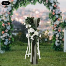 6PCS Artificial Flower with Fabric Green Ribbon Chair Cover Wedding Party Decor