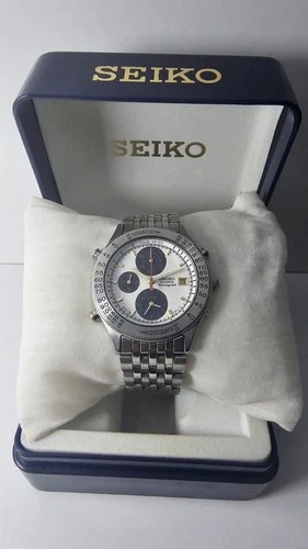 Vintage Seiko 7T42-7A40 Chronograph Alarm White/Blue Dial Orange Hands 1990's